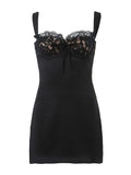 Daiiibabyyy  Women V neck Backless Party Skater Short Sling Dress Sexy Stitching Lace Bra Corset Style Spaghetti Strap Mini Dresses