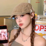 Daiiibabyyy  Women's American Retro Star Beret British Style Casual Newsboy Cap Simple Face Slimming Hat Classic Artist Flat Paperboy Cap
