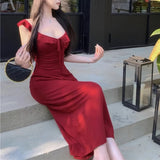 Daiiibabyyy  Summer Women Party Backless Bandage Dresses Lady Daily Holiday Leisure Satin Dress Female Gentle Aesthetic Long Bridal Dress