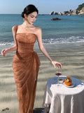 Daiiibabyyy  Retro Hong Kong Style Christmas Robe Red Tulle Neck Hanging Tube Top Atmosphere Dress Long Skirt Sleeveless A-Line Dress