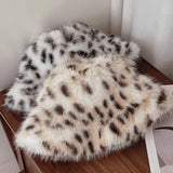 Daiiibabyyy  Korean Style Leopard Print Fuzzy Bucket Hats Warm Thickened Plush Winter Fisherman Hat Adult Unisex Animal Pattern Caps Headwear