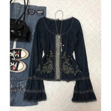 Daiiibabyyy  Y2K Vintage Black T Shirts Women Harajuku Streetwear Lace Floral Crop Tops Summer Sexy Gyaru Grunge Flare Long Sleeve Tees