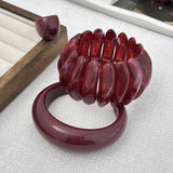 Daiiibabyyy  Exaggerated Wine Red Resin Wide Cuff Bangles Hip Hop Geometric Acrylic Bracelet Bangles For Women Men Ring Jewelry Set