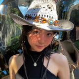 Daiiibabyyy  Summer cowboy straw hat for woman hand-woven hollow design imitation jade sapphire hat summer sun hat for man2022