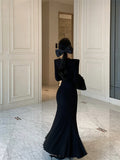 Daiiibabyyy  Black Long Sleeve Chic Ruffled Lace V-Neck Evening Gown Women Elegant Luxury Mermaid Dress Autumn Winter New French Dresses