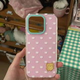 Daiiibabyyy  Crystal transparent white light painted pink polka dot kitten biscuit phone case for iPhone 11 12 13 14 15 16 pro max