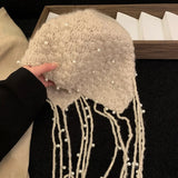 DAIIIBABYYY  -  Korean Autumn and Winter Hand-crocheted Fringed Pearl Pullover Knitted Hat Warm Ear Protector Strap Skull Beanie Cap for Women's