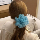 Daiiibabyyy  1PC Large Blue Gingham Sheer Mesh Scrunchie, Oversized Fluffy Elastic Hair Tie, Fresh Summer Hair Accessory For Women