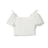 Daiiibabyyy  Sexy White U Collar Metal Hook Buttons Short Puff Sleeve Shirt Women Tie Bow Shoulder Center Slim Crop Tops Black