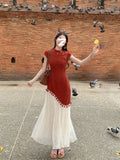 Daiiibabyyy  Red Tassel Qipao Dress Women's Beautiful Patchwork Fake Two-Piece Dress Breathable Short Sleeve Midi Dress Daily Wear
