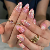 Daiiibabyyy  24Pcs French White Gradient Almond Press on Nails Flower Pattern False Nails with 3D Rhinestone Design Fake Nail Art