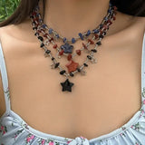 DAIIIBABYYY  -  Y2K Stone Necklace Beads Chain with Stars Pendant for Women Trendy Beaded Choker Necklaces Vintage Jewelry Neck Accessories