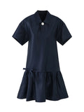 DAIIIBABYYY  -  Sweet French Ballet Style Polo Collar Short-sleeved Dresses Women's Summer High-end Temperament Bow Short Dress Female Clothing