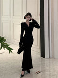 Daiiibabyyy  Black Long Sleeve Chic Ruffled Lace V-Neck Evening Gown Women Elegant Luxury Mermaid Dress Autumn Winter New French Dresses