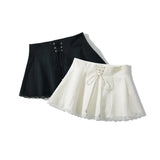 Daiiibabyyy  Holiday Front Cross Lacing up Bandage Bow Zipper Waist Mini Skirt Women White Spliced Lace Hem Ruched Swing A-lined Skirts Black