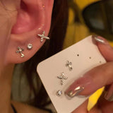 Daiiibabyyy  6Pcs/set Silver Color Rhinestone Cross Stud Earrings For Women Fashion Punk Earring Sets Trendy Jewelry Gifts