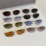 Daiiibabyyy  Retro Frameless Trimmed Cat Eye Rivet Small Frame Sunglasses for Men and Women Round Face Slimming Hip-hop Trampoline Sunglasses