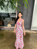 DAIIIBABYYY  -  Rose Backless Sleeveless Long Dress Summer 2024 Woman V Neck Ruffles A Line Vacation Maxi Dress Holiday Outfits