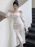 DAIIIBABYYY  -  Autumn Winter White Acetate Satin Chic Sling Sexy Dress Women Long Sleeve Elegant Holiday Dress 2025 Korean Bodycon Party Dress