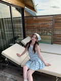 DAIIIBABYYY  -  Design Sense Niche Girl Sleeveless Short Style Small Fresh Blue Checkered Headband 2025 New Women Summer Slimming Dress