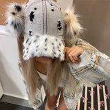 Daiiibabyyy  New Retro Leopard Print Leopard Print Pom Poms Ears Baseball Caps Women Washed Trendy Street Y2K Snapback Hat Cotton Sun Hats