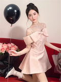 DAIIIBABYYY  -  French Celebrity Princess Girl Pink Birthday Dress Women Slash Neck Bow A Line Party Mini Dress Off Shoulder Slim Short Dress