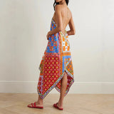 Daiiibabyyy  Casual Beach Bohemian Maxi Dress Women Printed Halter Sleeveless Backless Irregular Hem Dresses 2025 Vacation Summer Boho Robes