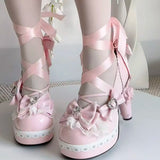 Daiiibabyyy  Original Egg Tart Heart High Heel Lolita Shoes with  Knot Silk Ribbon and Unique Shape Heel for Women