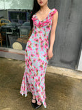 DAIIIBABYYY  -  Rose Backless Sleeveless Long Dress Summer 2024 Woman V Neck Ruffles A Line Vacation Maxi Dress Holiday Outfits