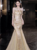 Daiiibabyyy  Golden Woman Evening Dress Luxury Sexy Tube Top Butterfly Sequin Backless Mermaid Pleated Lady Banquet Party Wedding Bride Gown