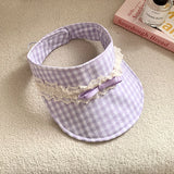 DAIIIBABYYY  -  Korean Version Bow Lace Decorative Plaid Empty Top Hat Women's Summer Outdoor Vacation Shading Foldable Sweet Sun Cap Gorras