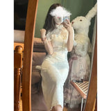 DAIIIBABYYY  -  Chinese Qipao Summer White Rose Improved Cheongsam Elegant Women Jacquard High Waist Daily Qipao Party Dress Women
