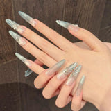 Daiiibabyyy  10pcs Handmade Press On Nails 3D Fish Tail Decor Almond False Nails Crystal Gradient Blue Cat's Eye Flash French Fake Nail Tips