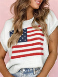 Daiiibabyyy  European Style Star Stripe Flag Pattern Knit T Shirt Women Loose Round Neck Cap Sleeve Short Sleeve Fashion Casual Tops