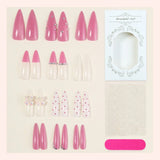 Daiiibabyyy  24pcs Pink Long Pointed Fake Nail Tips 3D Transparent Bowknots Rhinestone Decor Press On Nails Sweet French Style False Nail