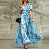 Daiiibabyyy  Sexy V-neck Lace-Up Waist Sweet Long Dress Elegant Flower Print Bohe Party Dress Women Casual Lotus Leaf Sleeve Holiday Dresses