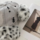 Daiiibabyyy  New Retro Leopard Print Leopard Print Pom Poms Ears Baseball Caps Women Washed Trendy Street Y2K Snapback Hat Cotton Sun Hats