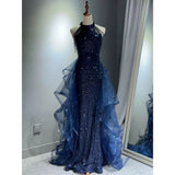 Daiiibabyyy  Halter Neck Slim Fit Long Blue Black Sequin Dress Birthday Party Coming-of-Age Ceremony Host Annual Meeting White Red Gown