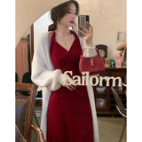 DAIIIBABYYY  -  Summer Womens Red Dress Straps Dress Sleeveless Sexy New Chinese Style Fashion Suspender Simple Slit Skirt Hanging Neck Dress