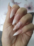 Daiiibabyyy 24Pcs Press on Nails Long Stiletto False Nails with Glitter Powder Pink Marbling Design Fake Nail Tips Reusable Almond Nails Art