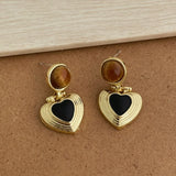 Daiiibabyyy  French Natural Stone Tiger Eyes Metal Heart Hanging Dangle Earrings for Women Gold Plated Alloy Statement Party Jewelry