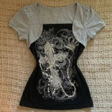 Daiiibabyyy  Y2k Clothes Short Sleeve T Shirt Mock Two Piece Square Neck Cross Print T Shirts Retro Y2k Women Tee Black Gray Crown Motif