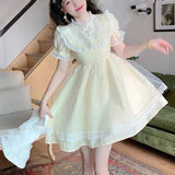 Daiiibabyyy  Spring and Summer French Sweet Bow Lace Embroidered Short Slimming High-Waist Princess Dress for Women