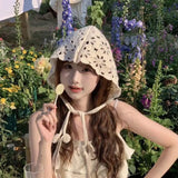 DAIIIBABYYY  -  Handmade Hollow Crochet Hats for Women Knitted Beanies Cap Ethnic Tie Pullover Hat Autumn Winter Breathable Crochet Caps