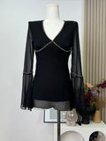 DAIIIBABYYY  -  2025 Spring Women French Vintage Old Money V-Neck Shirt Long Sleeve 2000s Aesthetic Blouses Elegant Tops Design Rhinestone Chic