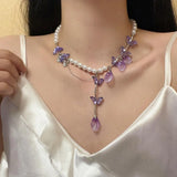 Daiiibabyyy  Purple Crystal Butterfly Acrylic Petal Tassel Pearl Necklace Women Light Luxury Choker Y2K Jewelry Gifts for Her