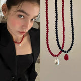 DAIIIBABYYY  -  Glass Bead Neckchain Vibrant Color Pearl Drop Pendant Necklace Stylish Choker Ornament Anniversary Birthday Gift D0LC