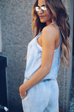 Daiiibabyyy  Casual Women Jumpsuit Sleeveless High Waist Button Front Romper Light Blue Straight Leg Solid Color Denim Jumpsuit Drawstring