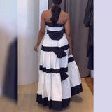 Daiiibabyyy  Summer Woman Dress Strapless Black And White Striped Dresses Tiered Skirt Maxi Dress Ruched Waist Evening Dress Back Bow Accent