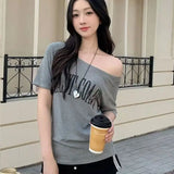 DAIIIBABYYY  -  American Retro Pure Desire Spicy Girl Short Sleeved T-shirt Summer Versatile Design Printed Floral Shoulder Top